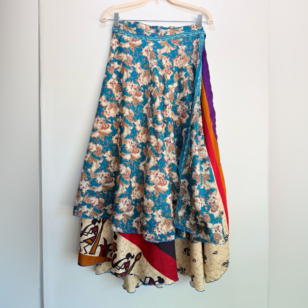 Vintage Silk Blend Sari Wrap Skirt Maxi Boho Teal Paisley Tribal Reversible 49"